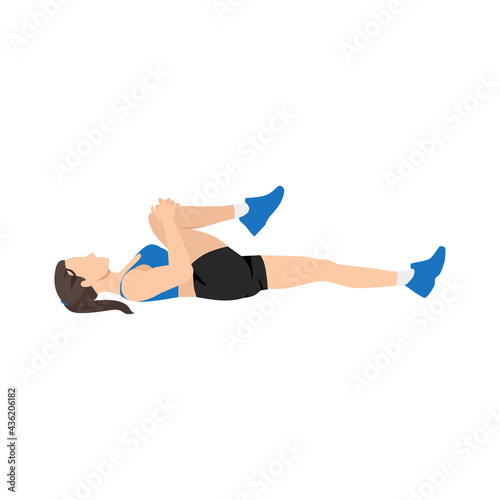 Woman doing Knee to chest lower back stretch exercise. Flat vector illustration isolated on white background