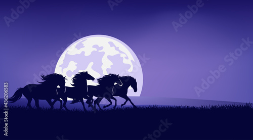 wild mustangs running in night prairie against full moon - horse herd silhouette landscape vector design