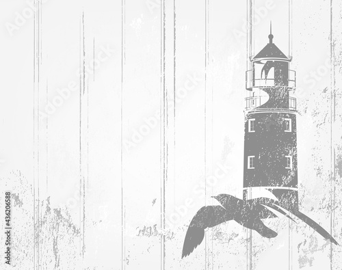 vector background in shades of grey with flying sea gull and lighthouse tower outline over white wooden planks and shabby paint