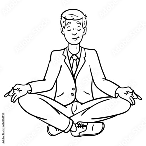 businessman sitting in yoga seat and meditating. comic, outline, isolated.