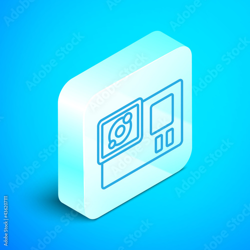 Isometric line Action extreme camera icon isolated on blue background. Video camera equipment for filming extreme sports. Silver square button. Vector