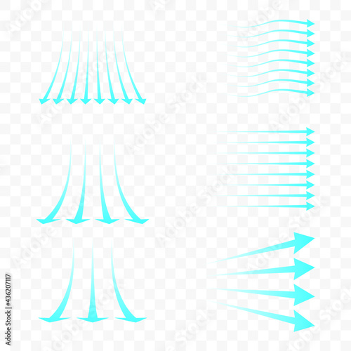 Set of blue arrow showing air flow. Blue stream of cold air from the conditioner. Clean fresh air flow. Wind direction. Isolated on transparent background.