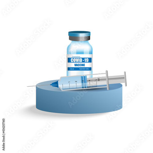 Vaccine bottle vial and syringe injection on a podium.Vaccination.Covid-19, Coronavirus concept. Vector in flat style.Treatment for coronavirus