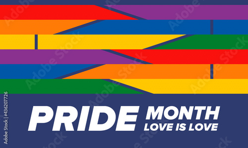 LGBTQIA Pride Month in June. Lesbian Gay Bisexual Transgender. Celebrated annual. LGBT flag. Rainbow love concept. Human rights and tolerance. Poster, card, banner and background. Vector illustration