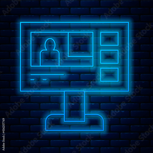 Glowing neon line Television report icon isolated on brick wall background. TV news. Vector