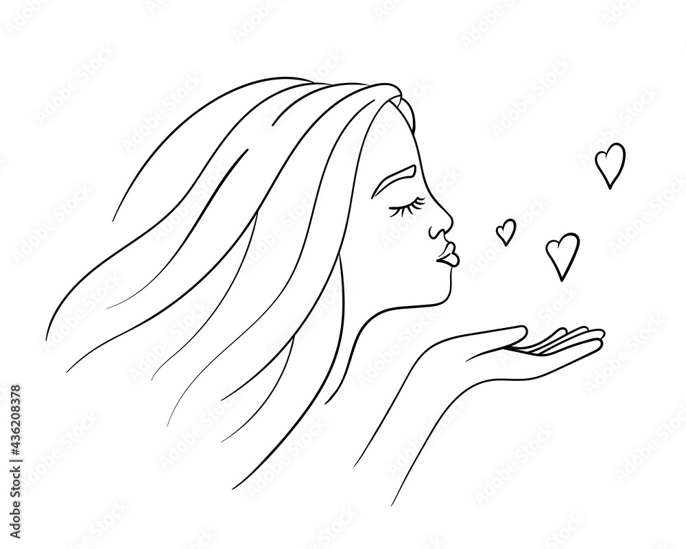 Young Woman Sends An Air Kiss In The Form Of Hearts In Doodle Style
