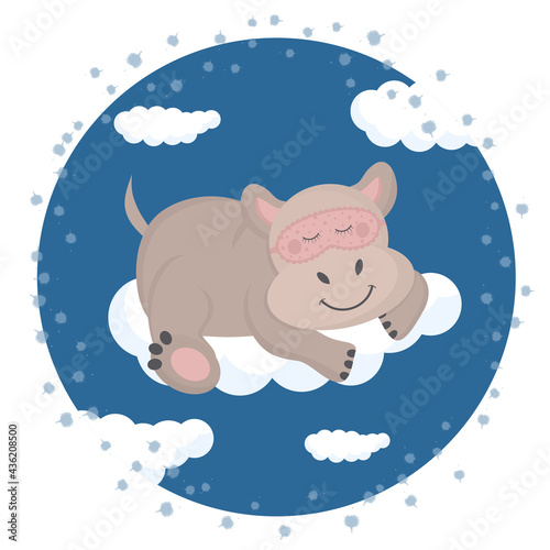 Hippopotamus in a mask for sleeping on a cloud. Can be used for children's room, posters, baby parties.