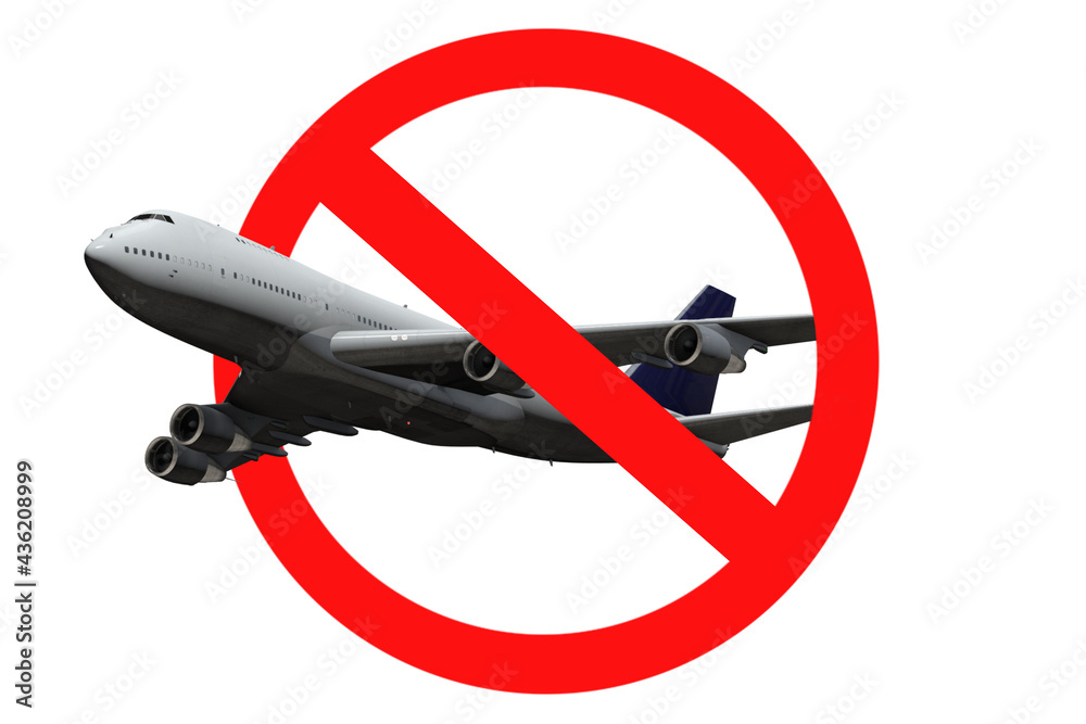 The forbidding sign shows an airplane.Concept: closing of air borders, restriction of flights, prohibited flight from the country, violation of air traffic.