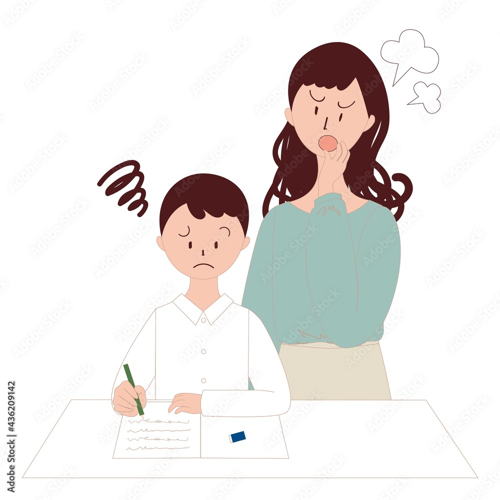 勉強嫌いの男の子と怒る女性
勉強嫌いの男の子と怒る女性