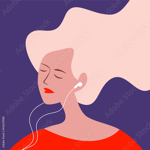 vector flat design illustration of a girl with headphones in her ears listening to a podcast, audio book or music in trendy colors. useful for advertising music channel, podcast, online music services