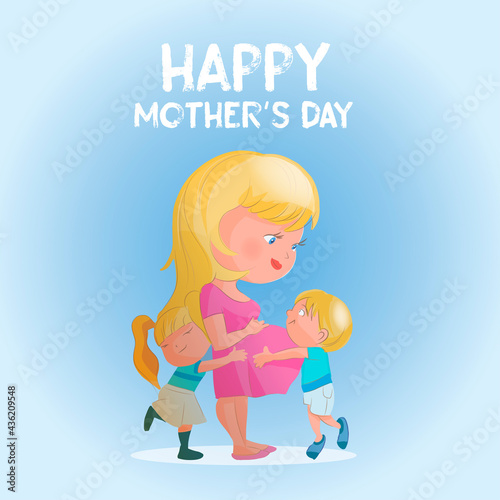 Happy Mother`s Day Greeting Card. Cute cartoon illustration of mother with two kids. Blondie mom with little Son and daughter