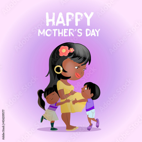 Happy Mother`s Day Greeting Card. Cute cartoon illustration of mother with two kids. African American mom with little Son and daughter
