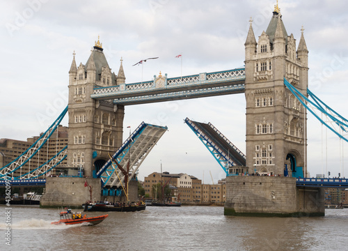 Tower Bridge, London, open to allow boats to pass through.