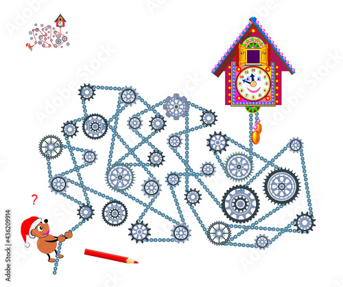 Logic puzzle game with labyrinth for children and adults. Help the bear to start the clock. Find the way between gears. Worksheet for kids brain teaser book. Play online. Maze in steampunk style.