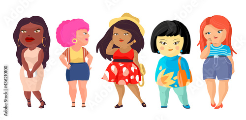 Body positive women vector illustration. Plus size girls cartoon characters of different nationalities. African, asian, european, latina beautiful smiling girls