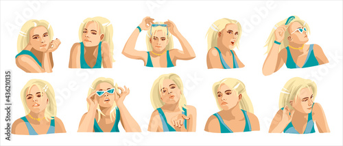 Set of young female icon with emotions in cartoon style. Blondie girl avatar profile with facial expression. Characters portraits in bright colors. Isolated vector illustration in flat design
