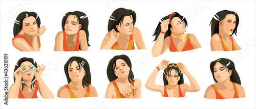 Set of young female icon with emotions in cartoon style. Brunette girl avatar profile with facial expression. Characters portraits in bright colors. Isolated vector illustration in flat design