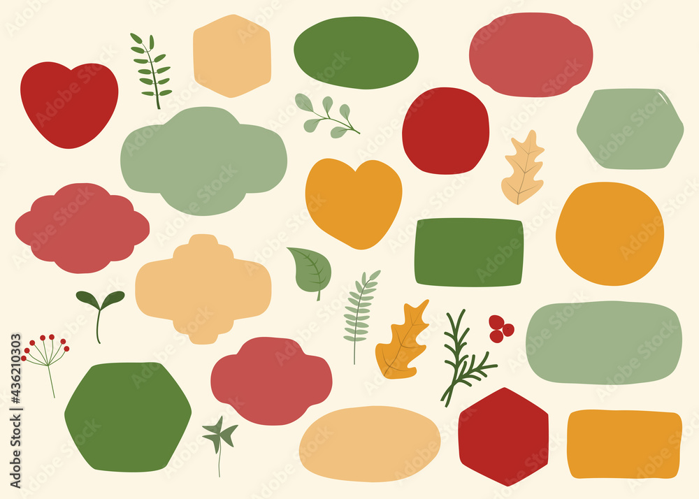 Vector set of hand drawn various shapes and decor elements in autumn colors. Collection of isolated hearts, banners, circles, leaves etc. For labels, tags or stamps and badges, cards, stickers. Vector set of hand drawn various shapes and decor elements in autumn colors. Collection of isolated hearts, banners, circles, leaves etc. For labels, tags or stamps and badges, cards, stickers.
