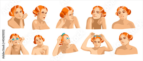 Set of young female icon with emotions in cartoon style. Red hair girl avatar profile with facial expression. Characters portraits in bright colors. Isolated vector illustration in flat design