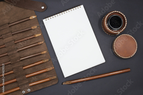 Obraz na plátně calligraphy mockup, Top view of blank paper, Wirebound Spiral Notebook, calligra