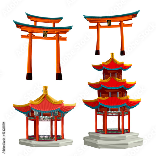 Ancient japan culture objects set withjapanese gate, tory and pagoda isolated vector illustration. Japan vector set collection photo