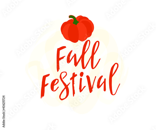 Fall Festival - hand drawn lettering phrase with pumpkin. Harvest fest poster design. For invitation cards, banner, print, brochures, poster, t-shirts, mugs. Vector illustration on black background.