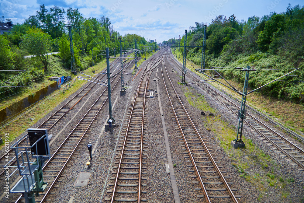Train tracks without train and wagons. Top shot. Day. How is long-distance traffic developing on the world's train tracks? Train tracks without train and wagons. Top shot. Day. How is long-distance traffic developing on the world's train tracks?
