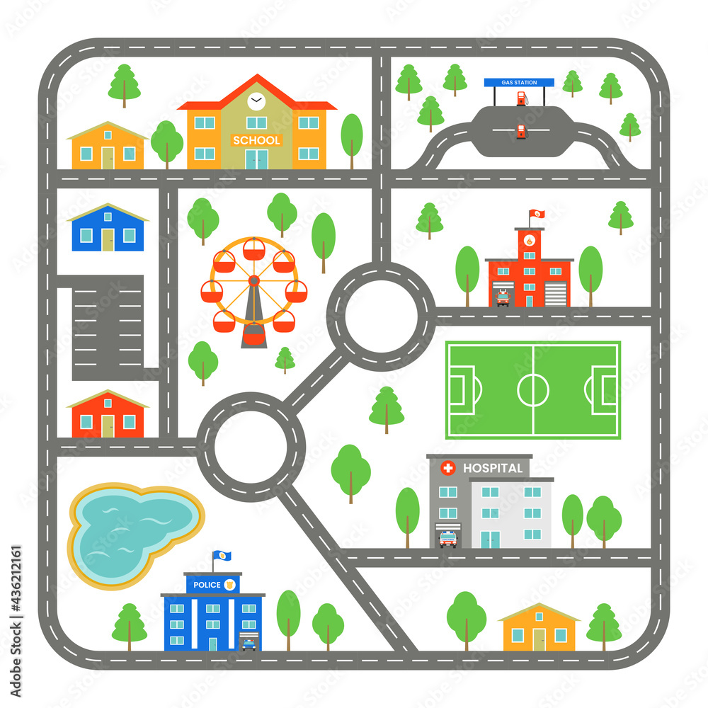 Map with roads in the city. Children road for toy cars with buildings ...