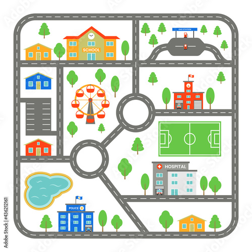 Map with roads in the city. Children road for toy cars with buildings on a white background. Urban architecture. Baby rug. Vector flat style