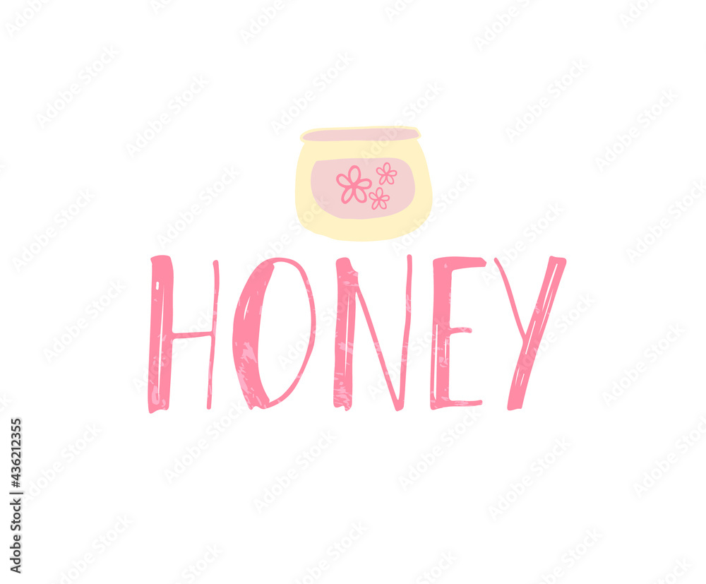 Fototapeta premium Honey hand drawn text. Brush lettering. Template for label. Design for logo, banner, stamp, badge, emblem, label. Vector illustration isolated on white background.