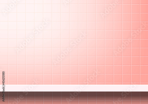 Pink tiles wall with shelf for background, modern square mosaic grid pattern for decoration architecture wall, mosaic tile wall and plank shelf, mosaic tiled grid of bathroom wall.