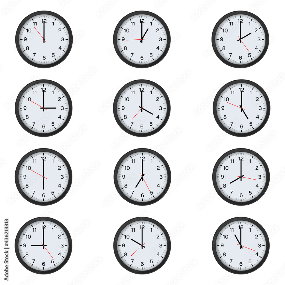 Black Round Clock Set with Various Time Isolated on White Background. Vector Illustration Black Round Clock Set with Various Time Isolated on White Background. Vector Illustration