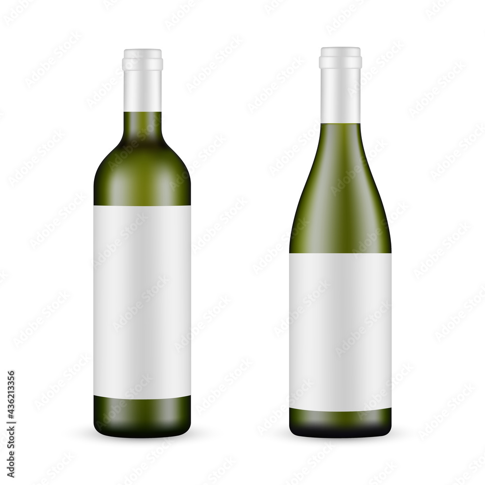 Green Glass Wine Bottles Mockups With Labels, Isolated on White Background. Vector Illustration Green Glass Wine Bottles Mockups With Labels, Isolated on White Background. Vector Illustration