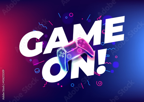 Game on, Neon game controller or joystick for game console on blue background.