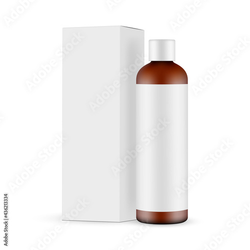 Amber Cosmetic Bottle Mockup with Label and Paper Packaging Box, Isolated on White Background. Vector Illustration