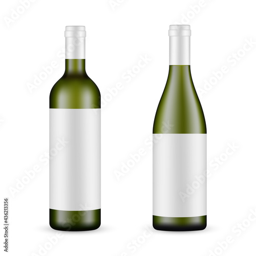 Green Glass Wine Bottles Mockups With Labels, Isolated on White Background. Vector Illustration