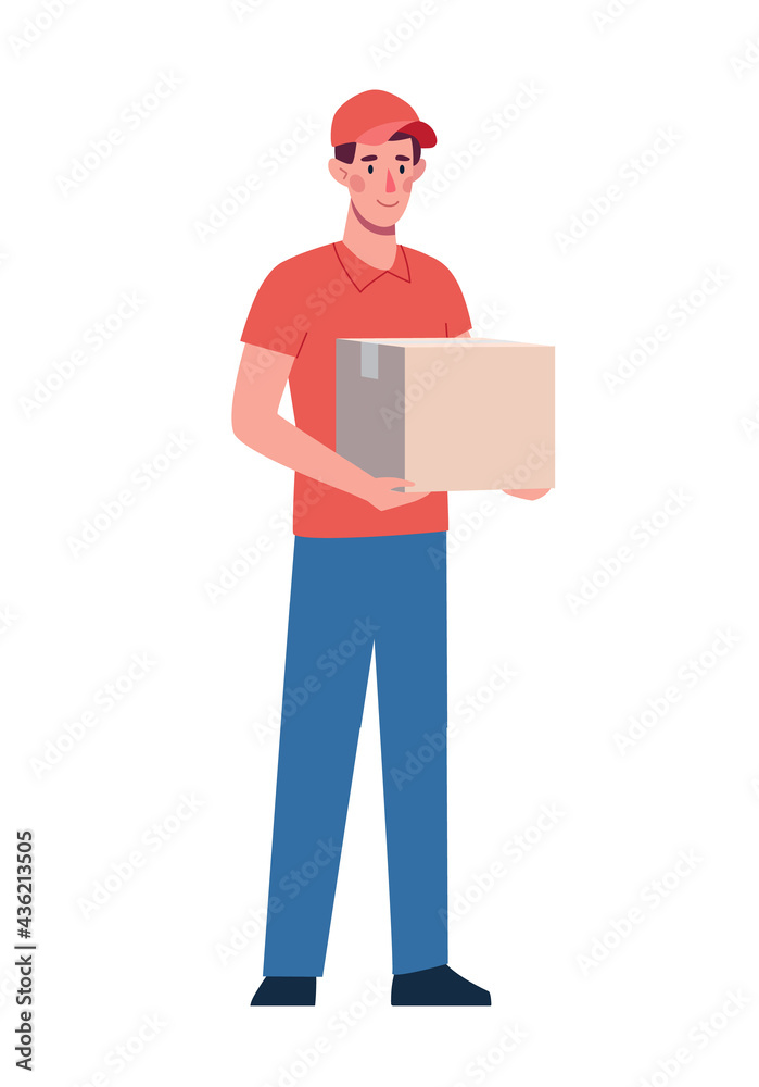 The courier brought the box. Safe delivery of the order from the delivery service..Young man in a red uniform and a cap, in a flat style. Vector isolated on white background The courier brought the box. Safe delivery of the order from the delivery service..Young man in a red uniform and a cap, in a flat style. Vector isolated on white background
