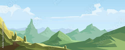 The road over the mountains. Green hills landscape. Summer panoramic background. Cover on the theme of tourism and hiking. Wildlife background. Mountain top view.