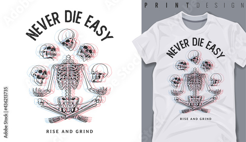 Graphic t-shirt design, never die easy slogan with skeleton  ,vector illustration for t-shirt. photo