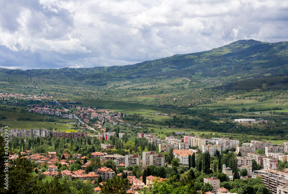 City view from above, landscape, small city and mountain