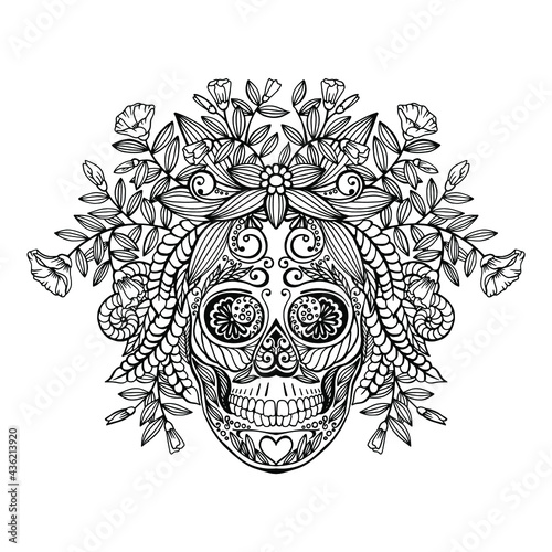 Vector pattern with line drawn decorative human skull in flowers and leaves of different herbs. Sketch for a tattoo. Texture for printing for the holidays "Death Day" or "Halloween"