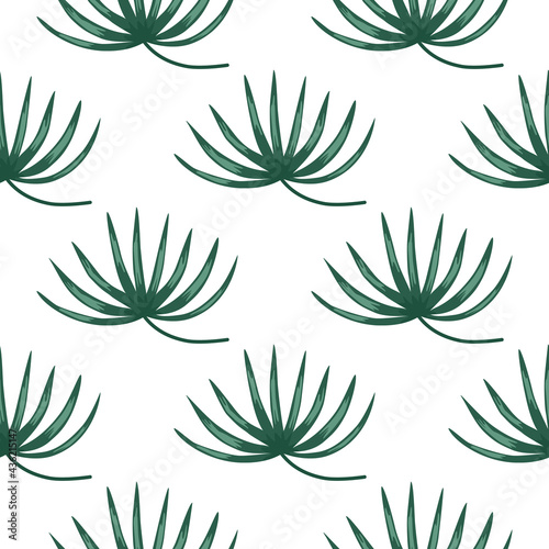 Decorative seamless doodle pattern with abstract green tropic bush ornament. White background. © smth.design