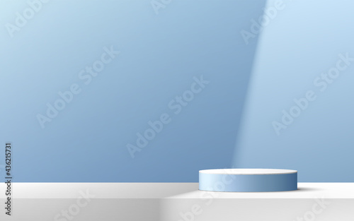 Abstract white and light blue cylinder platform podium. Window lighting. Pastel minimal wall scene. Vector rendering 3d shape for Product display presentation. Geometric pedestal with shadow.