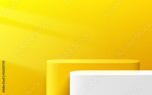 Abstract Yellow and white round corner cube platform podium. Window lighting. Pastel minimal wall scene. Vector rendering 3d shape for Product display presentation. Geometric pedestal with shadow.