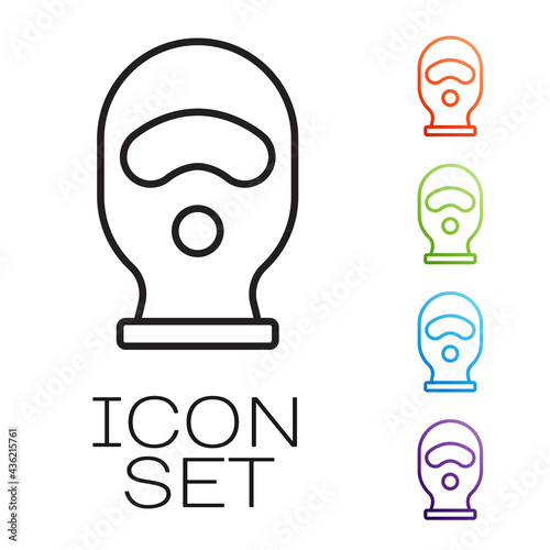 Black line Balaclava icon isolated on white background. A piece of clothing for winter sports or a mask for a criminal or a thief. Set icons colorful. Vector