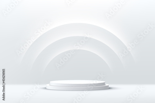 Abstract shine silver cylinder pedestal podium. Sci-fi white empty room concept with semi circle glowing neon lighting. Vector rendering 3d shape, Product display presentation. Futuristic wall scene.