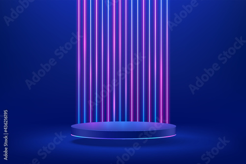 Abstract shiny blue cylinder pedestal podium. Sci-fi blue abstract room concept with vertical glowing neon lighting. Vector rendering 3d shape, Product display presentation. Futuristic wall scene.