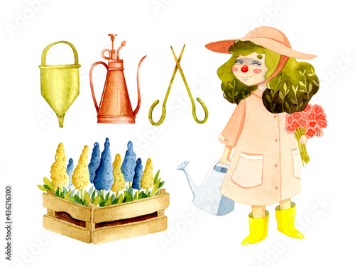 Sweet gardener watercolor elements set isolated