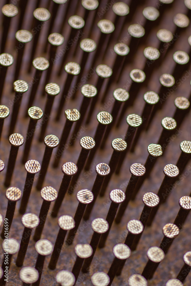 Rusty nail grid close-up background, shifting to soft round shapes Rusty nail grid close-up background, shifting to soft round shapes