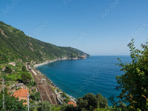 Railway station tracks over the bay next to the cliff gulf in Cinque Terre National Park in Italy in city.